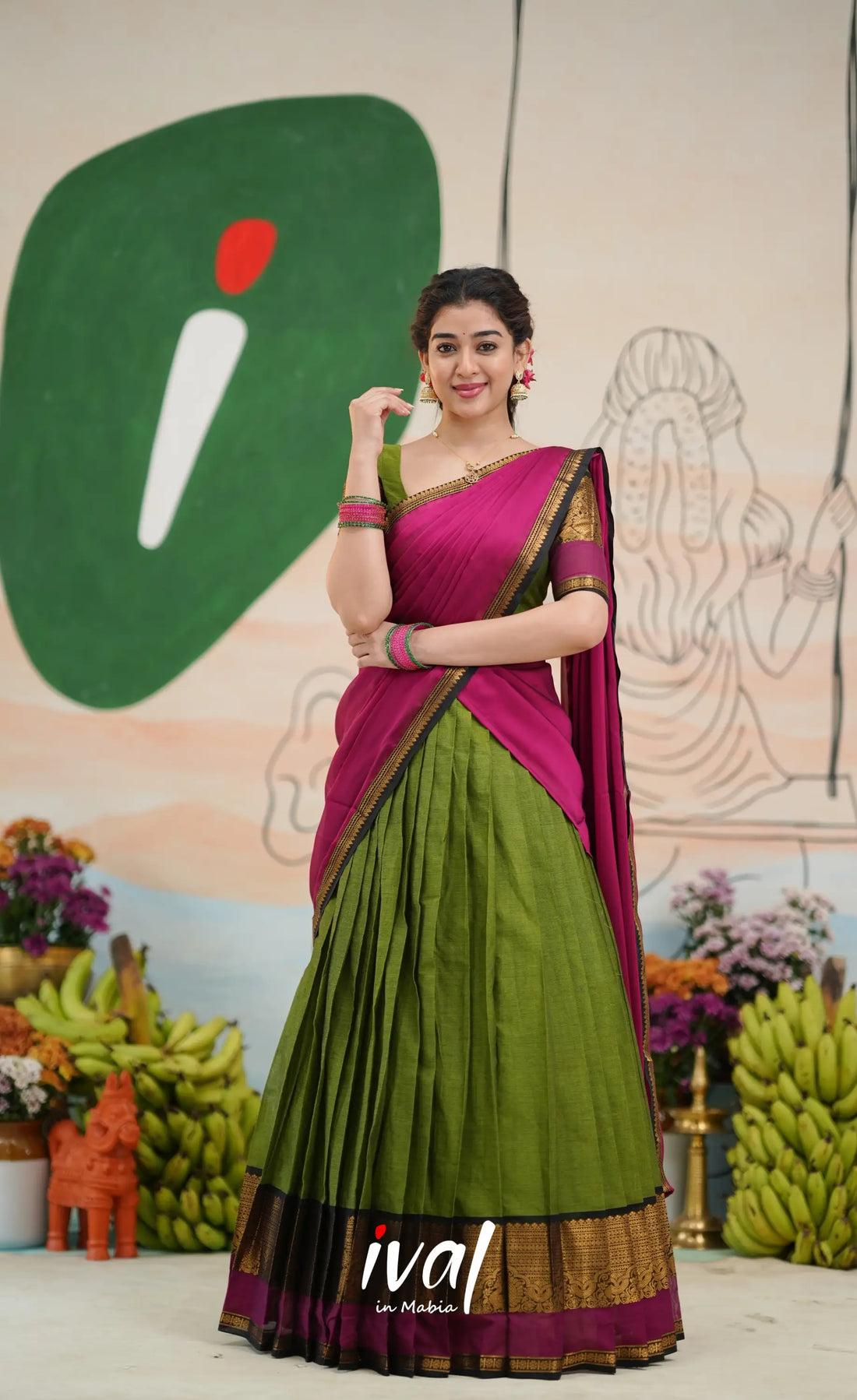 Padmaja Cotton Half Saree - Light green and Magenta pink - Half Sarees