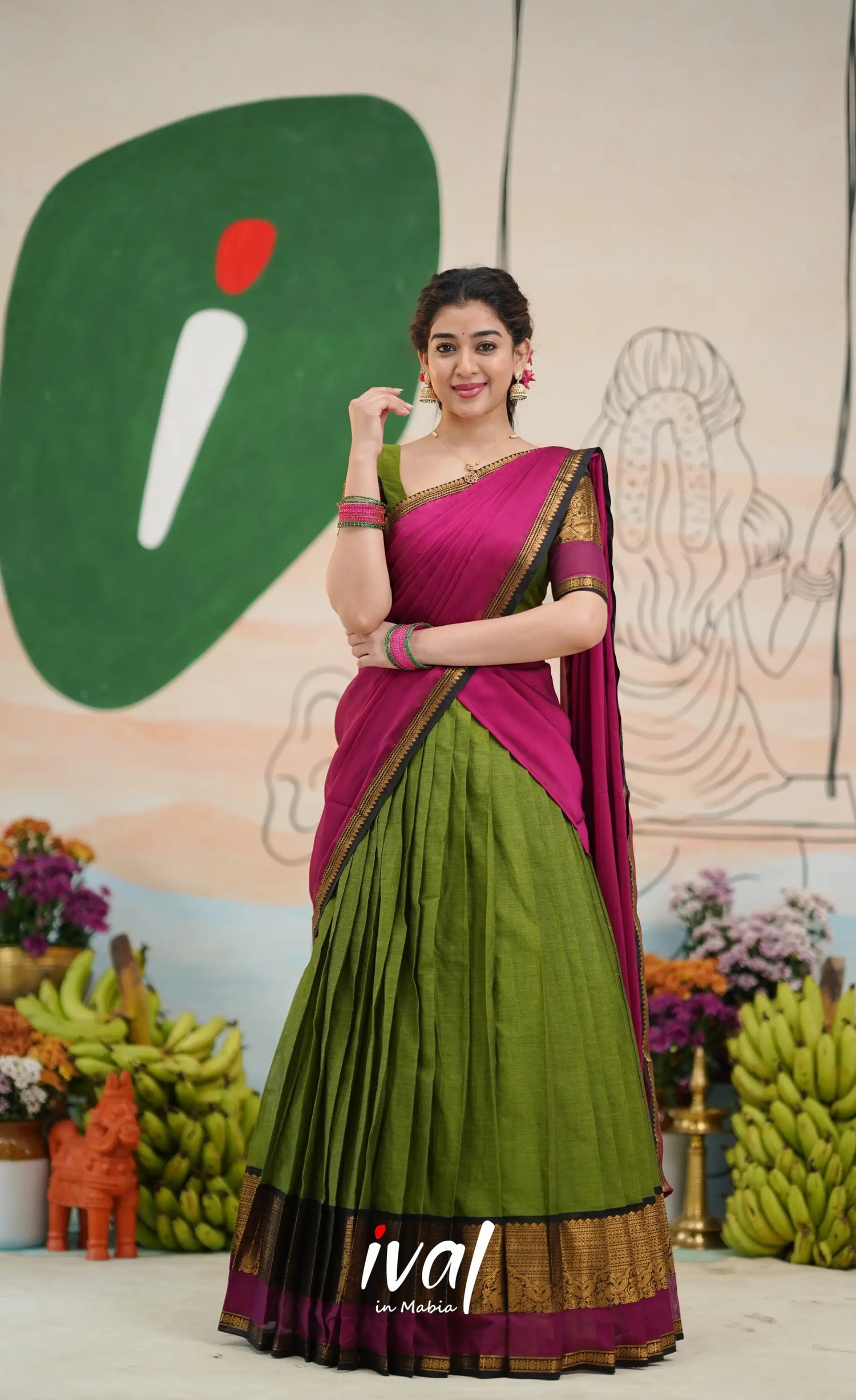 Padmaja Cotton Half Saree - Light green and Magenta pink - Half Sarees