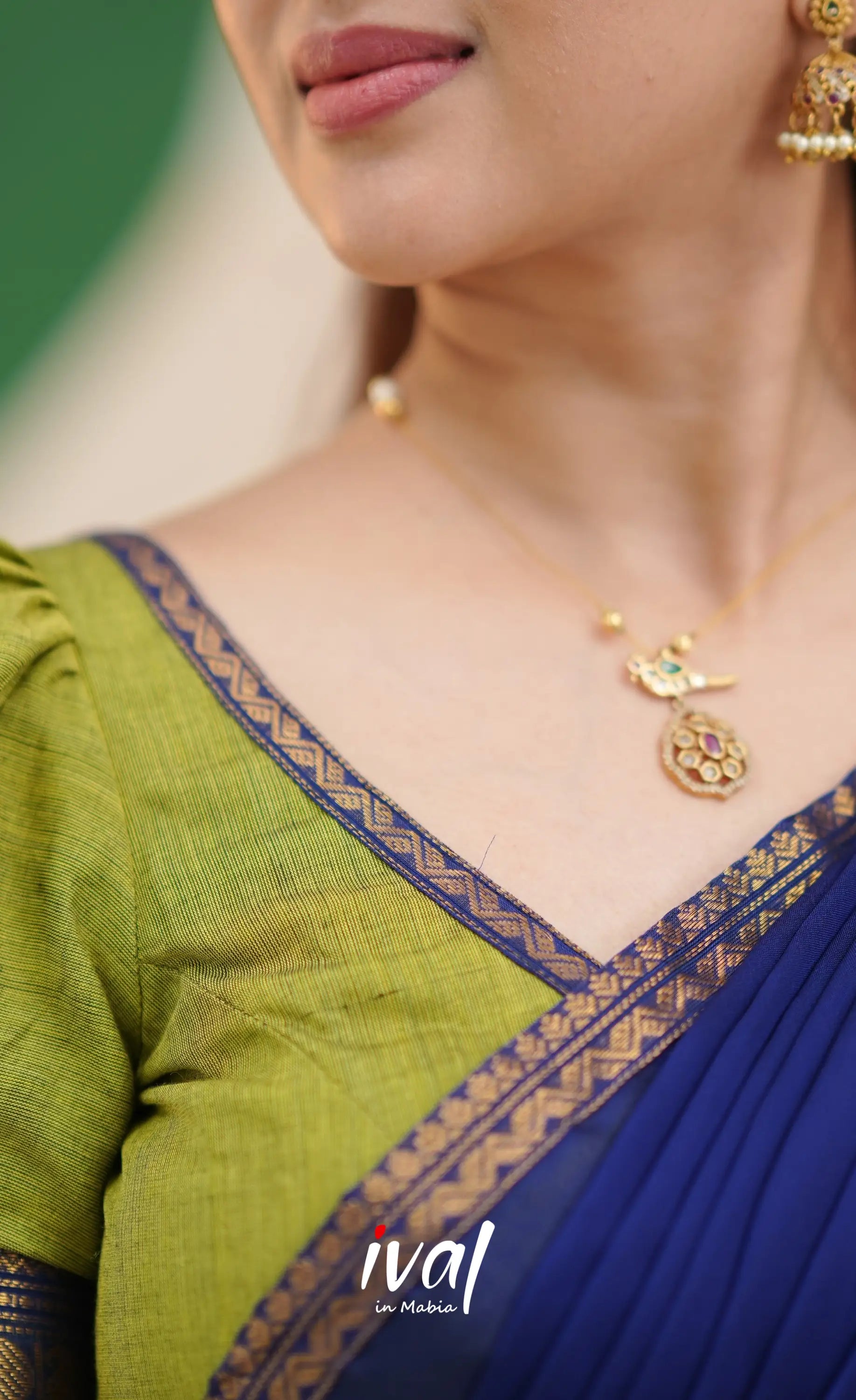 Padmaja Cotton Half Saree - Light green and Royal blue - Half Sarees