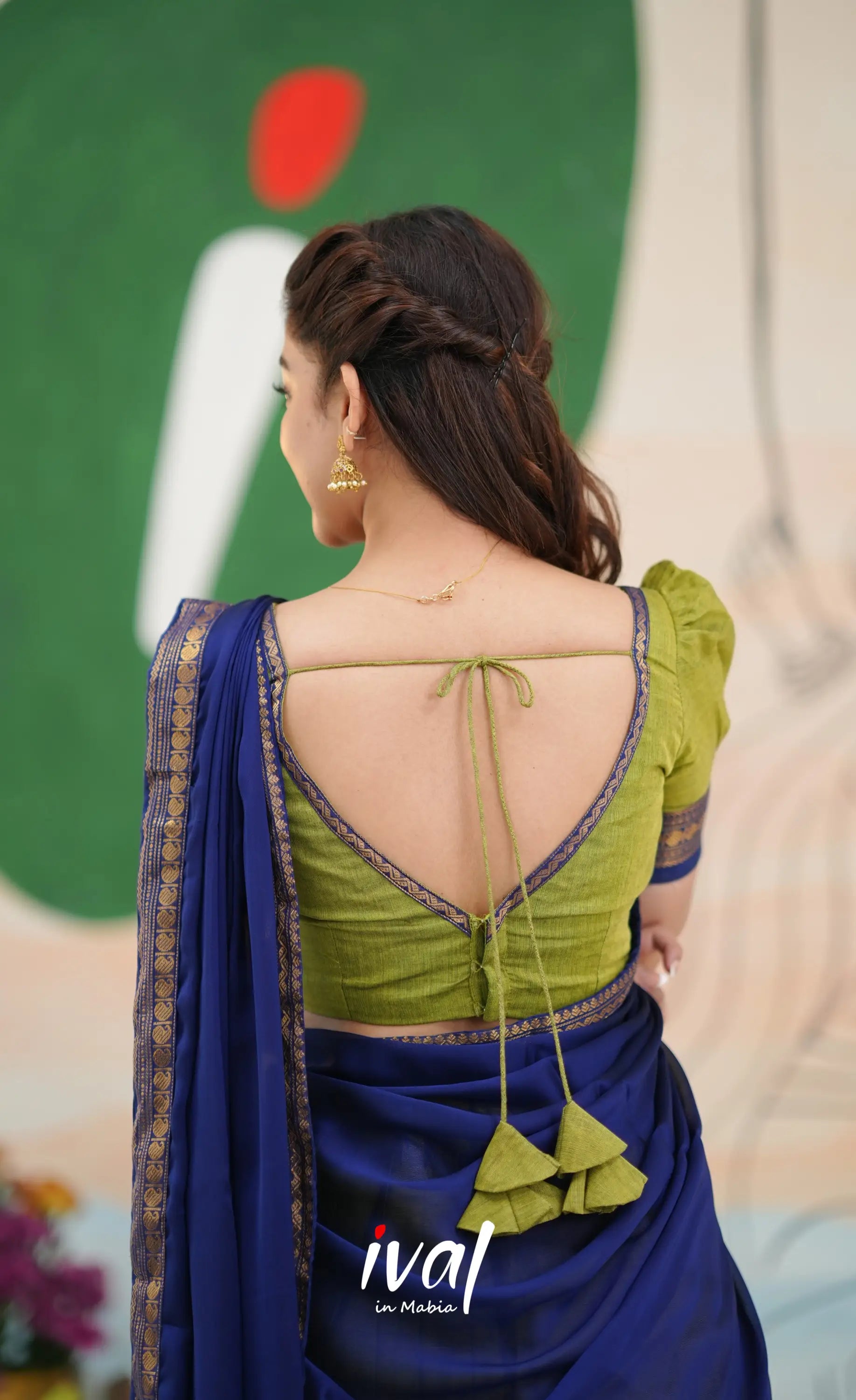 Padmaja Cotton Half Saree - Light green and Royal blue - Half Sarees