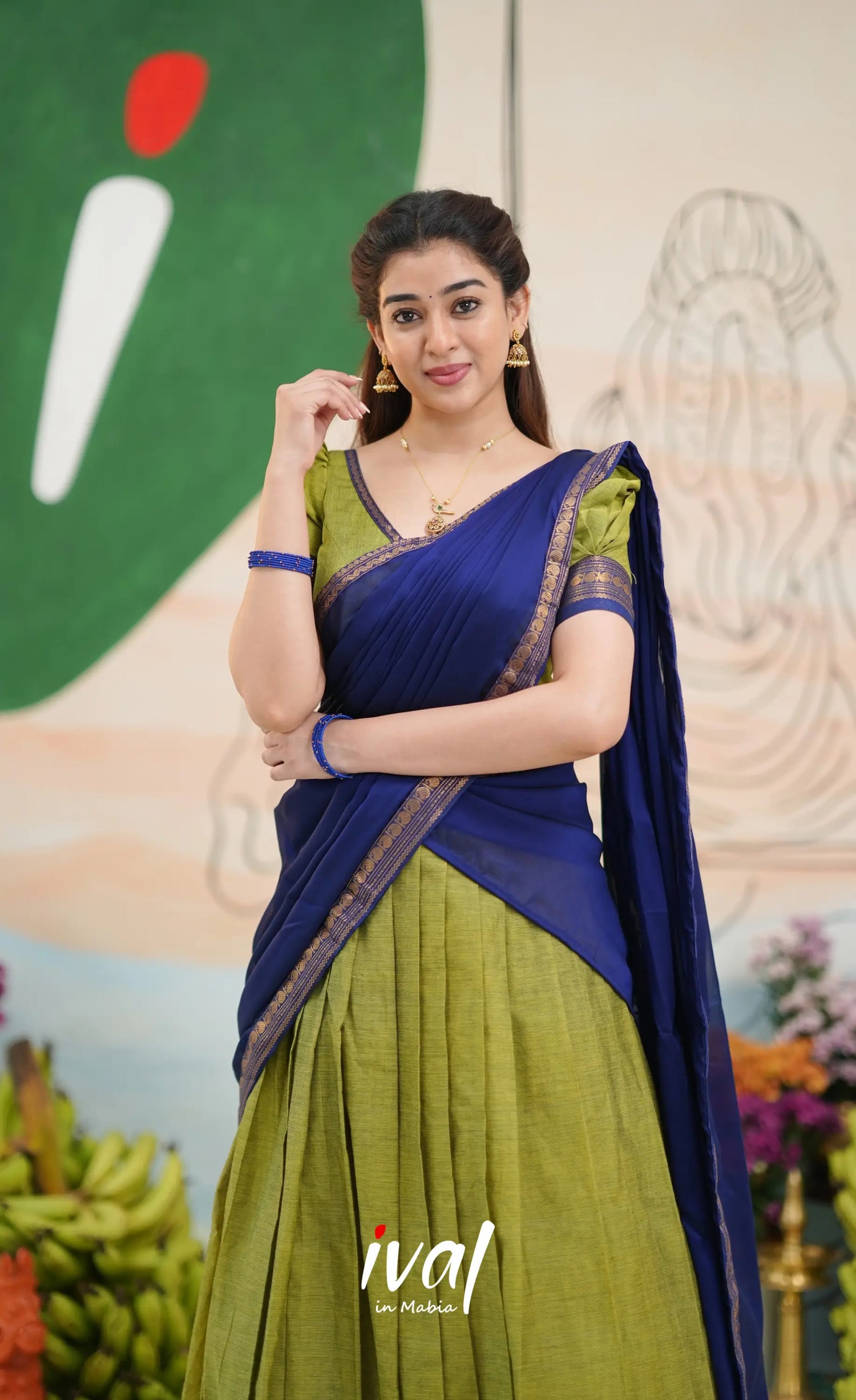 Padmaja Cotton Half Saree - Light green and Royal blue - Half Sarees