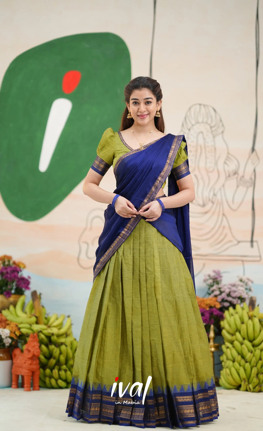 Padmaja Cotton Half Saree - Light green and Royal blue - Half Sarees