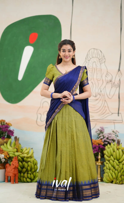 Padmaja Cotton Half Saree - Light green and Royal blue - Half Sarees