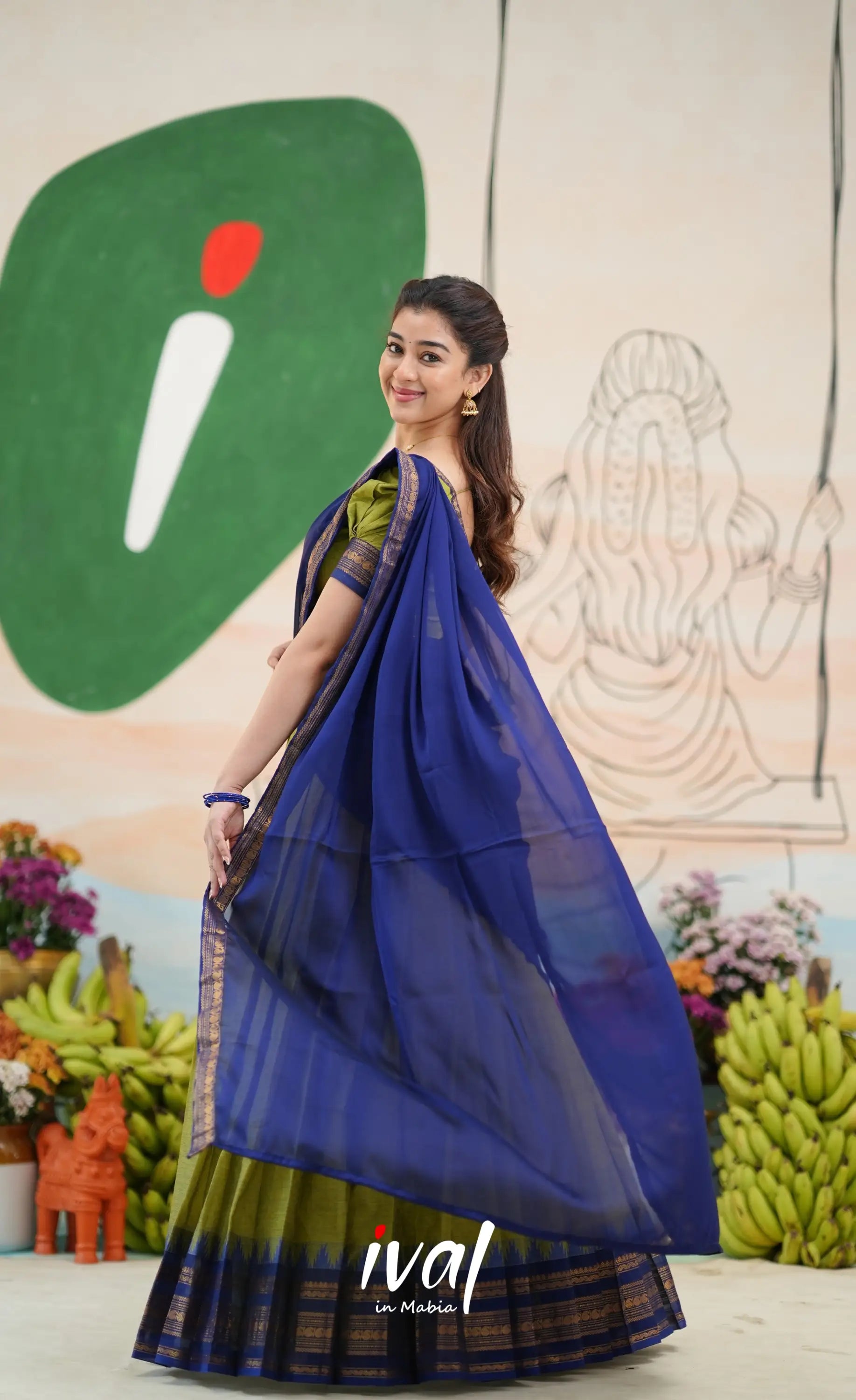 Padmaja Cotton Half Saree - Light green and Royal blue - Half Sarees