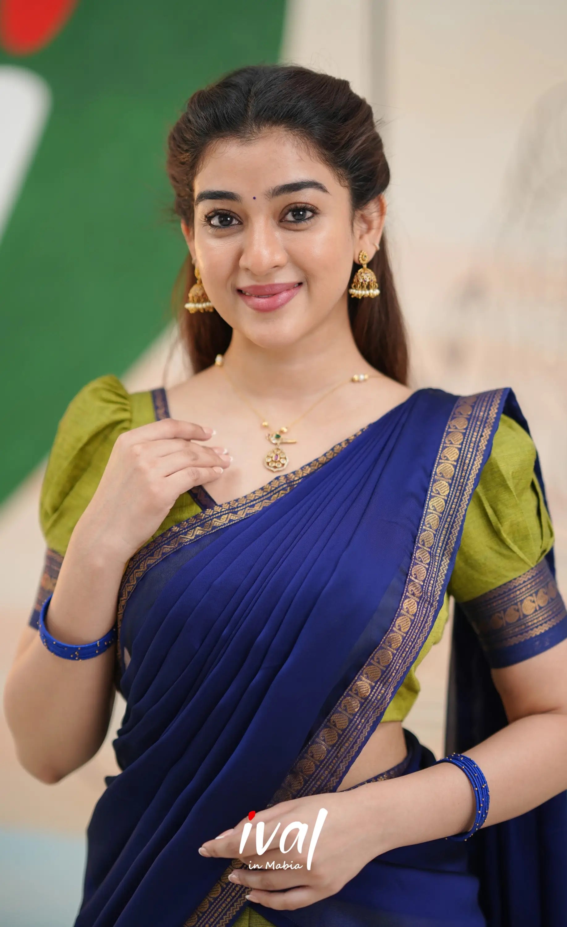 Padmaja Cotton Half Saree - Light green and Royal blue - Half Sarees