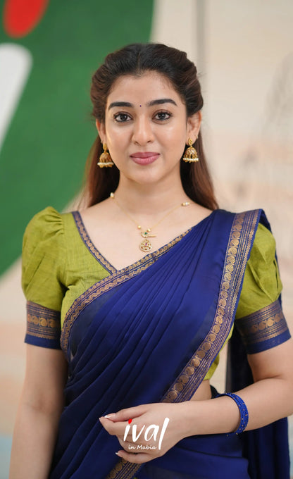 Padmaja Cotton Half Saree - Light green and Royal blue - Half Sarees