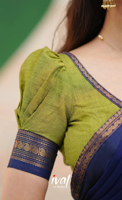 Padmaja Cotton Half Saree - Light green and Royal blue - Half Sarees