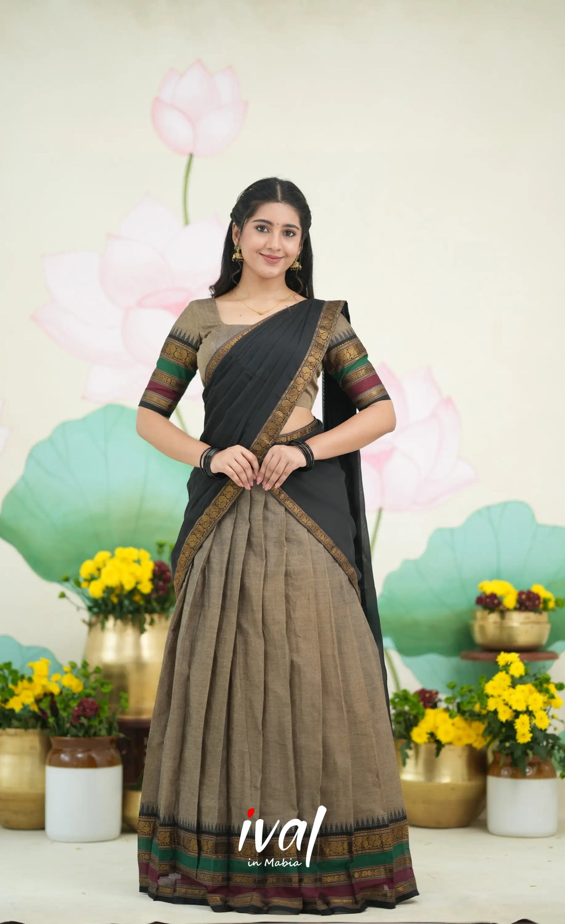 Padmaja Cotton Half Saree - Light Greyish Brown and Black Half Sarees
