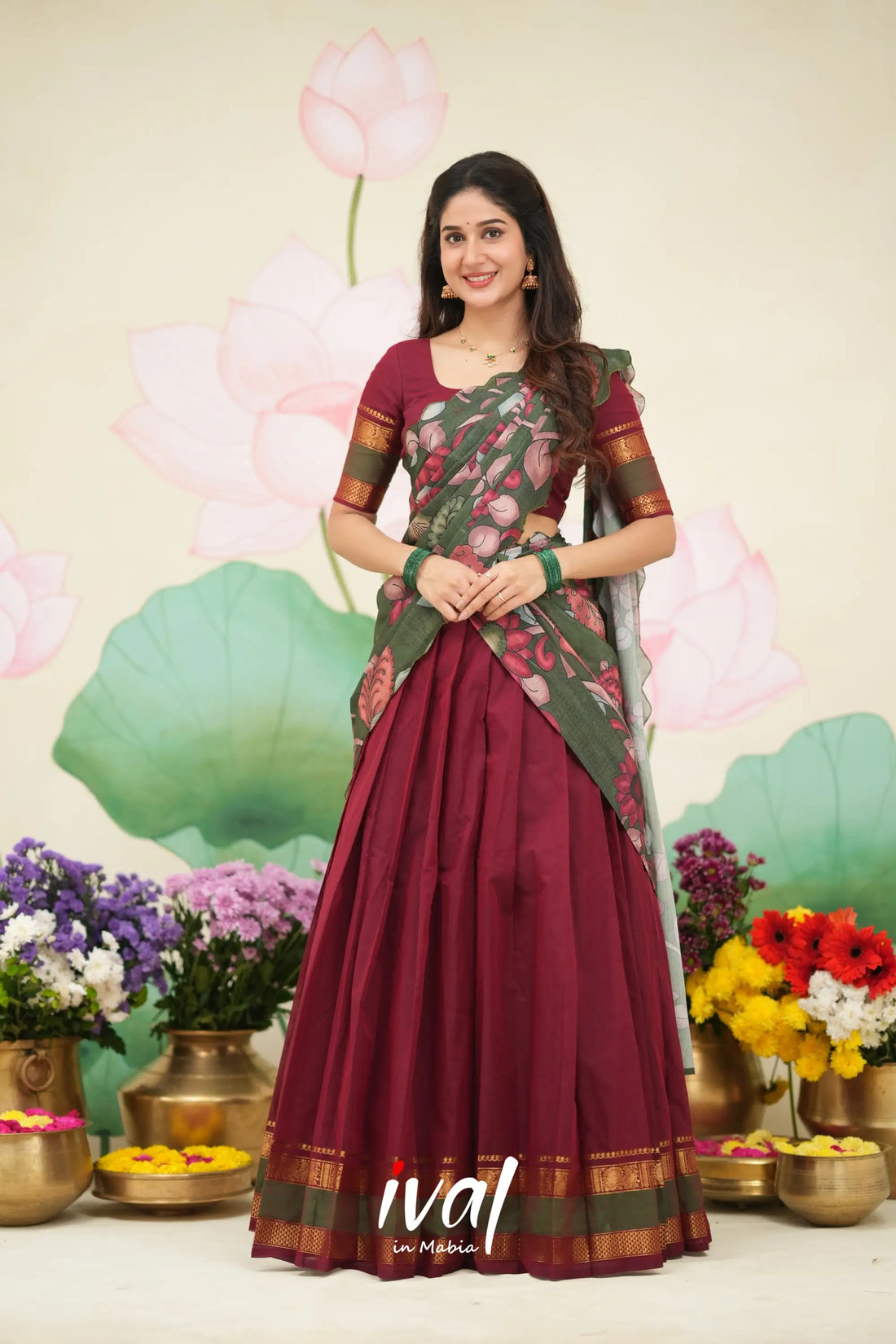 Padmaja Cotton Half Saree - Maroon and Manthalir Green Half Sarees