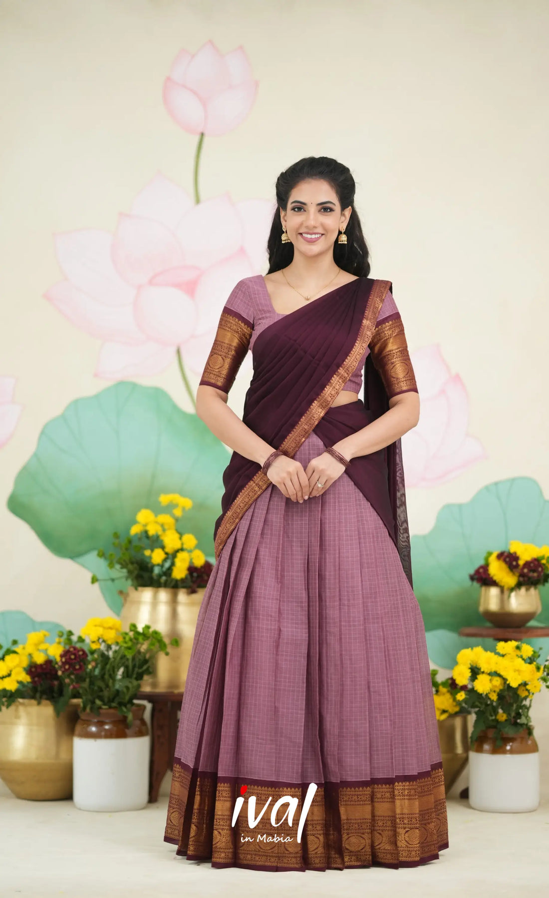 Padmaja Cotton Half Saree - Mauve and Brownish Maroon Half Sarees