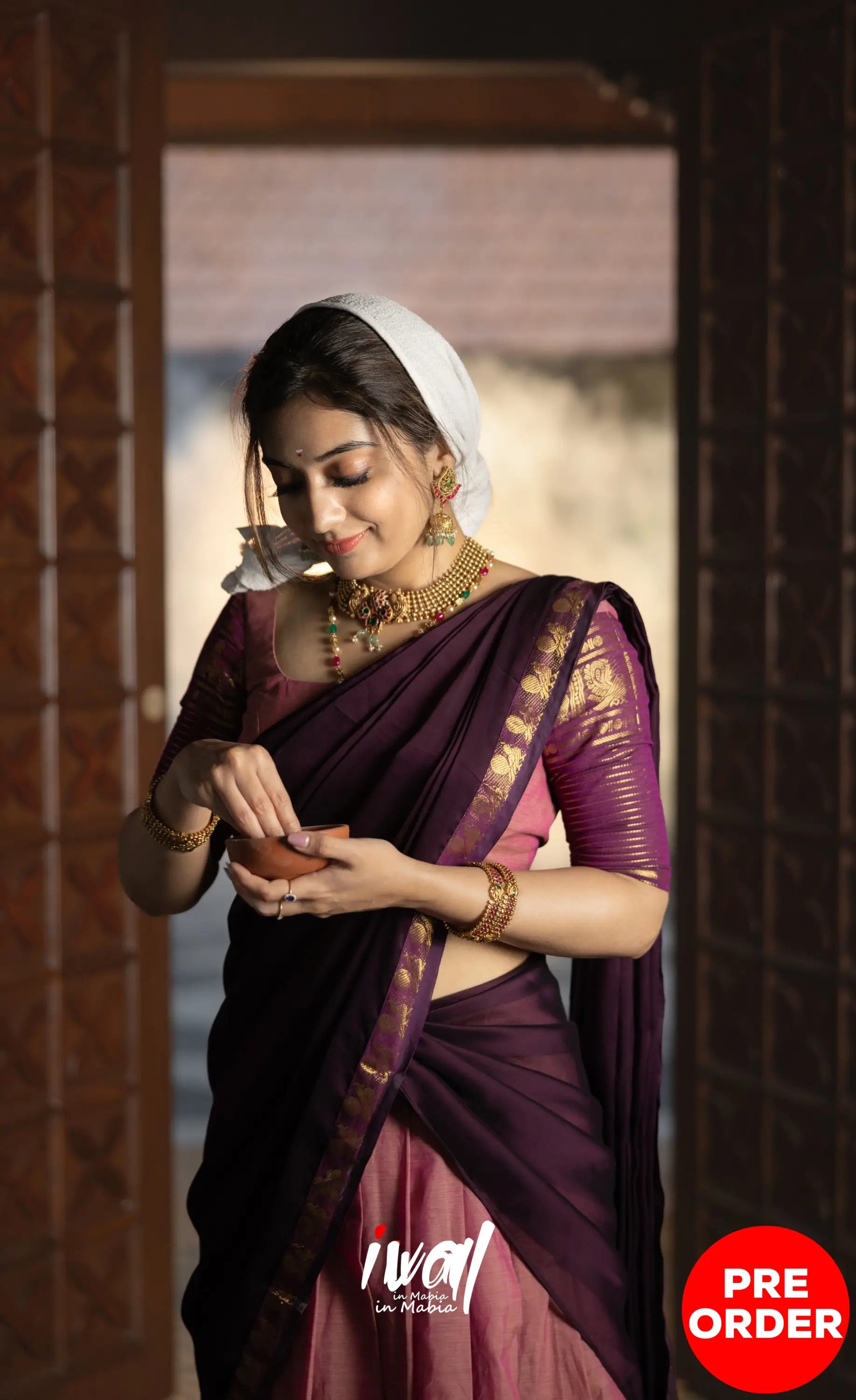 Padmaja Cotton Half Saree - Peachish Pink and Dark Plum Half Sarees