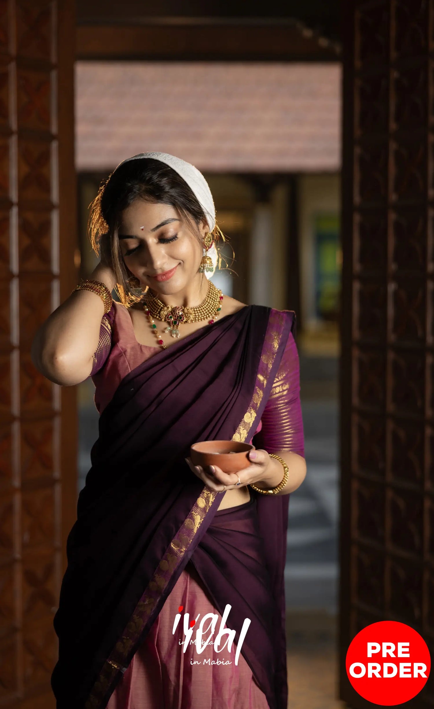 Padmaja Cotton Half Saree - Peachish Pink and Dark Plum Half Sarees