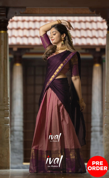 Padmaja Cotton Half Saree - Peachish Pink and Dark Plum Half Sarees
