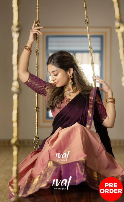 Padmaja Cotton Half Saree - Peachish Pink and Dark Plum Half Sarees