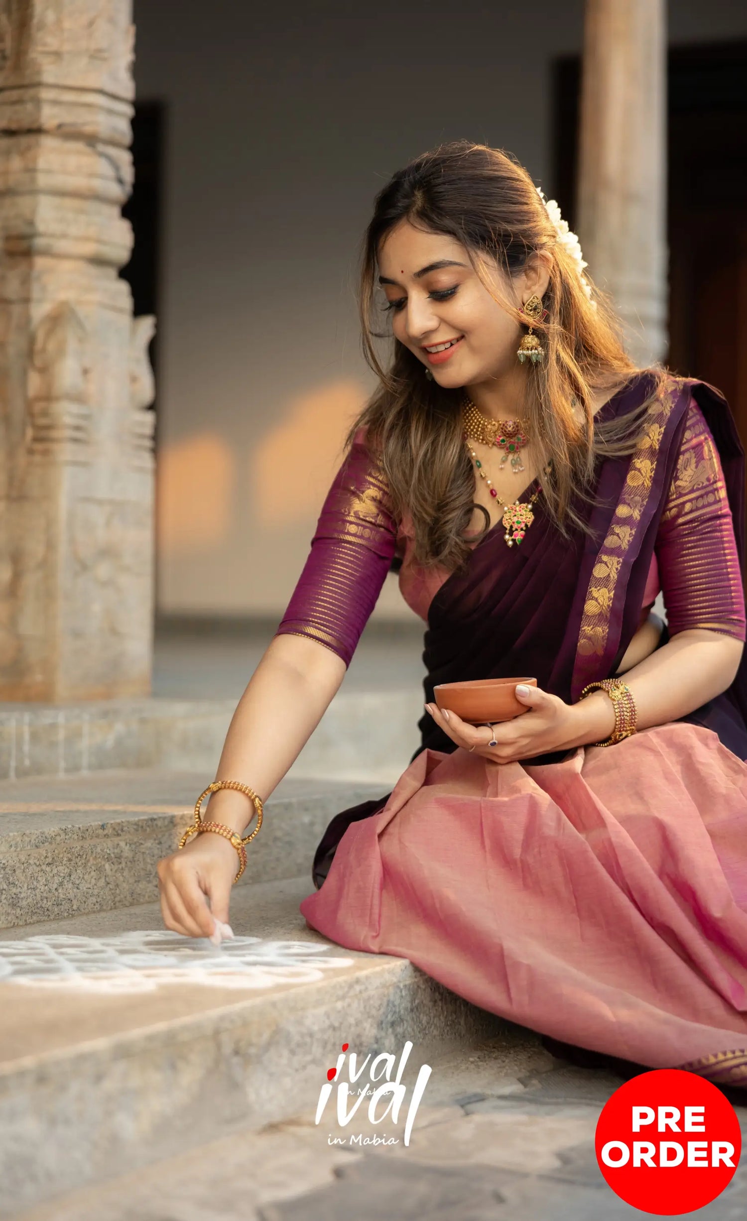 Padmaja Cotton Half Saree - Peachish Pink and Dark Plum Half Sarees