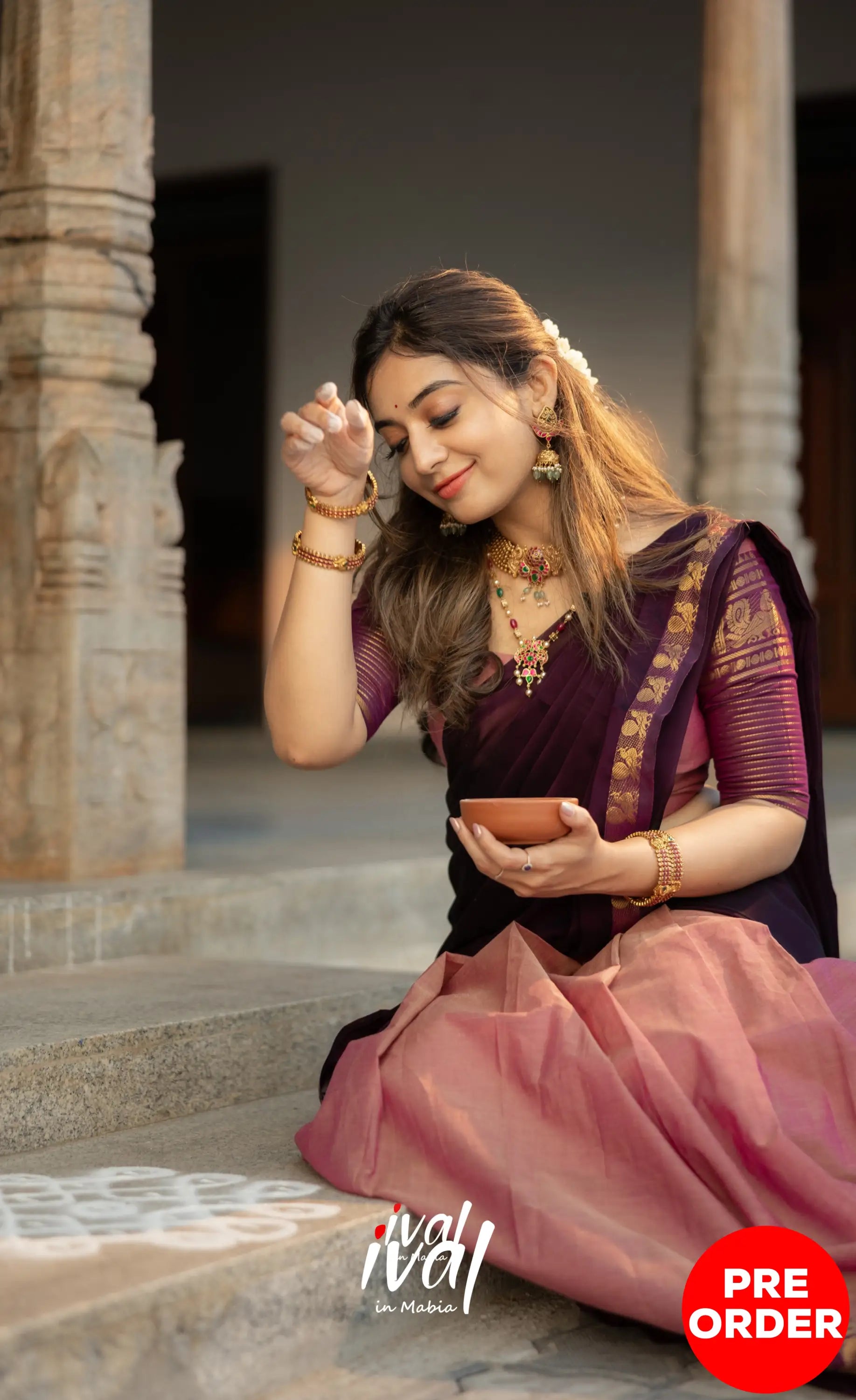 Padmaja Cotton Half Saree - Peachish Pink and Dark Plum Half Sarees