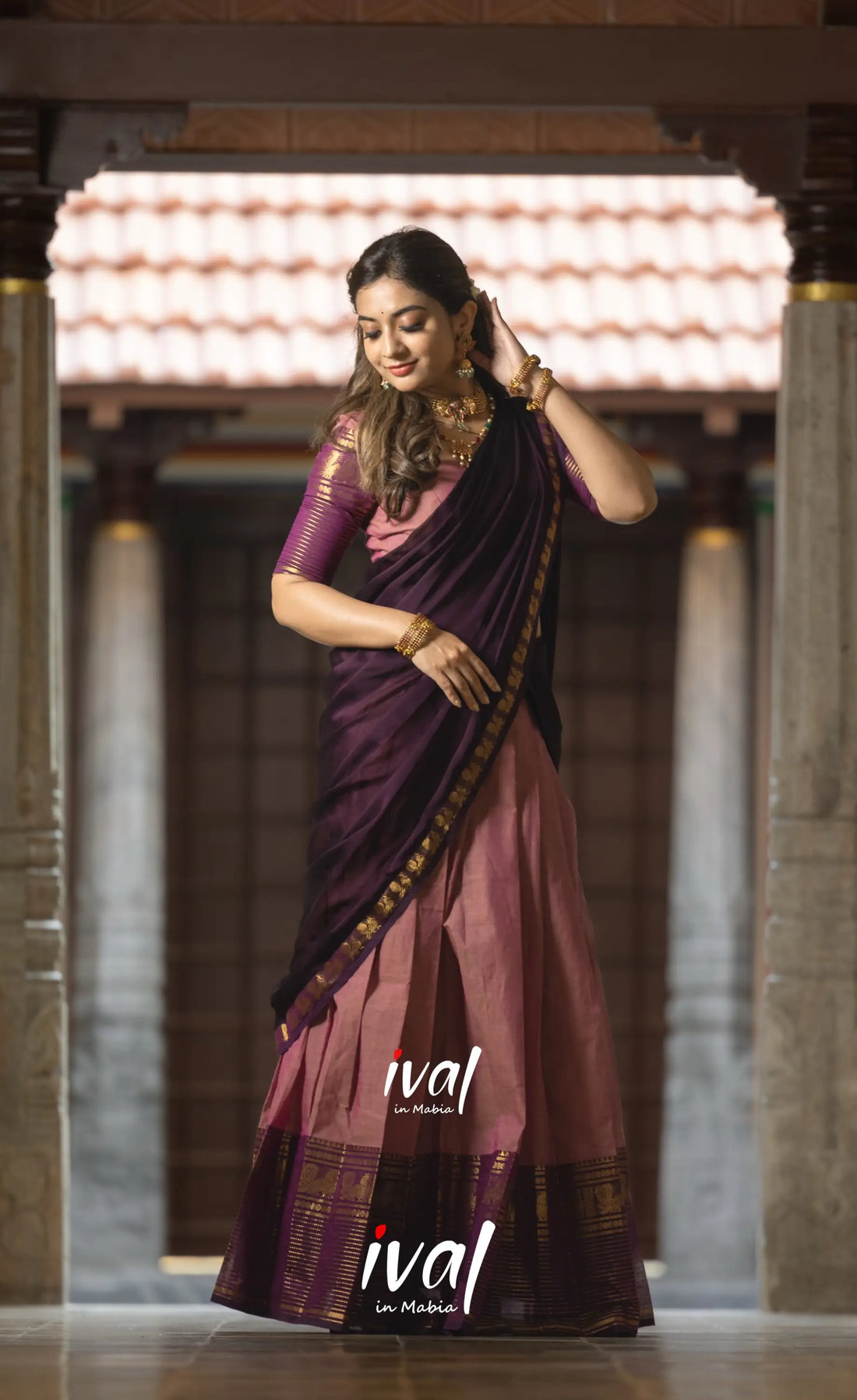 Padmaja Cotton Half Saree - Peachish Pink and Dark Plum Half Sarees