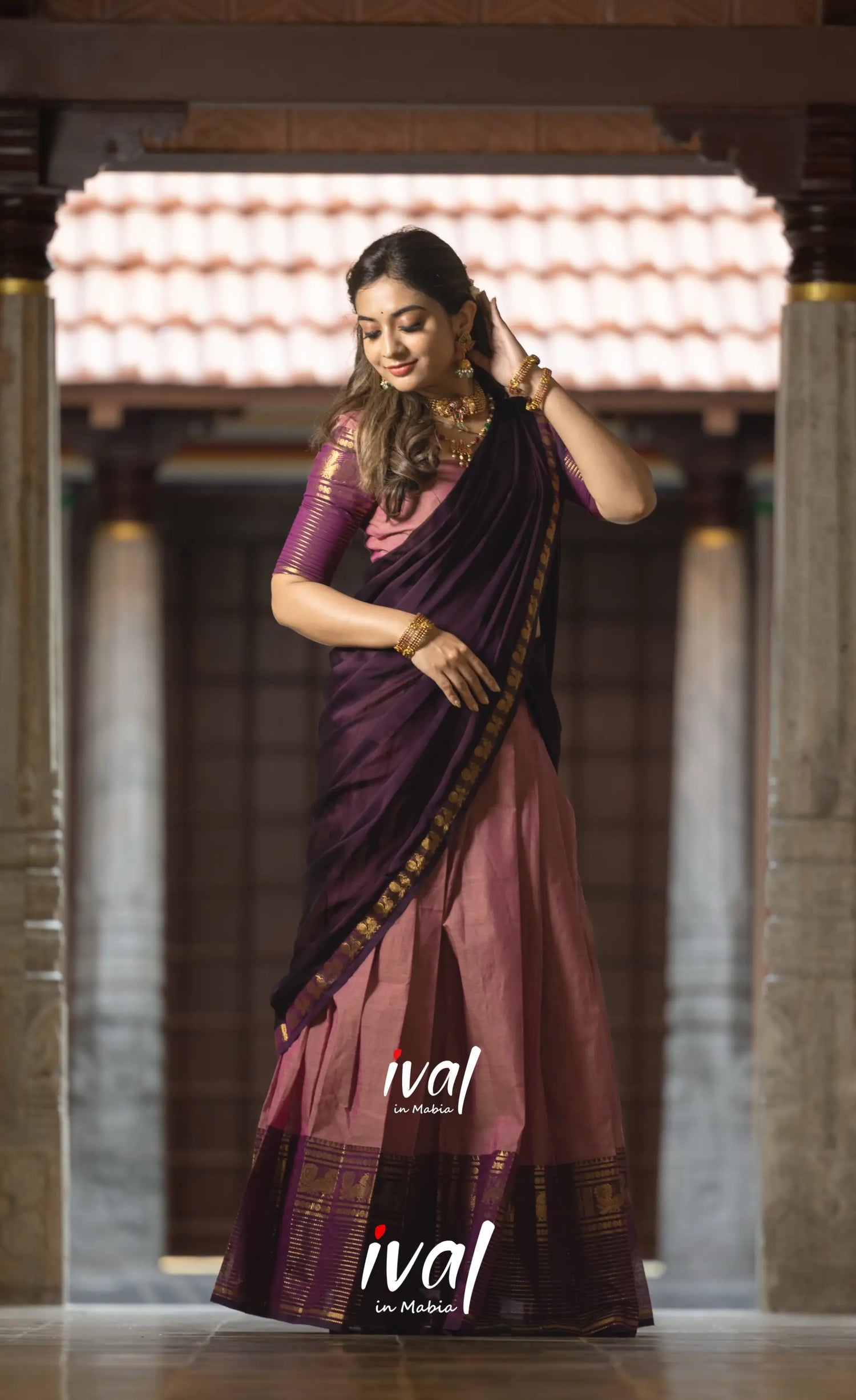Padmaja Cotton Half Saree - Peachish Pink and Dark Plum Half Sarees