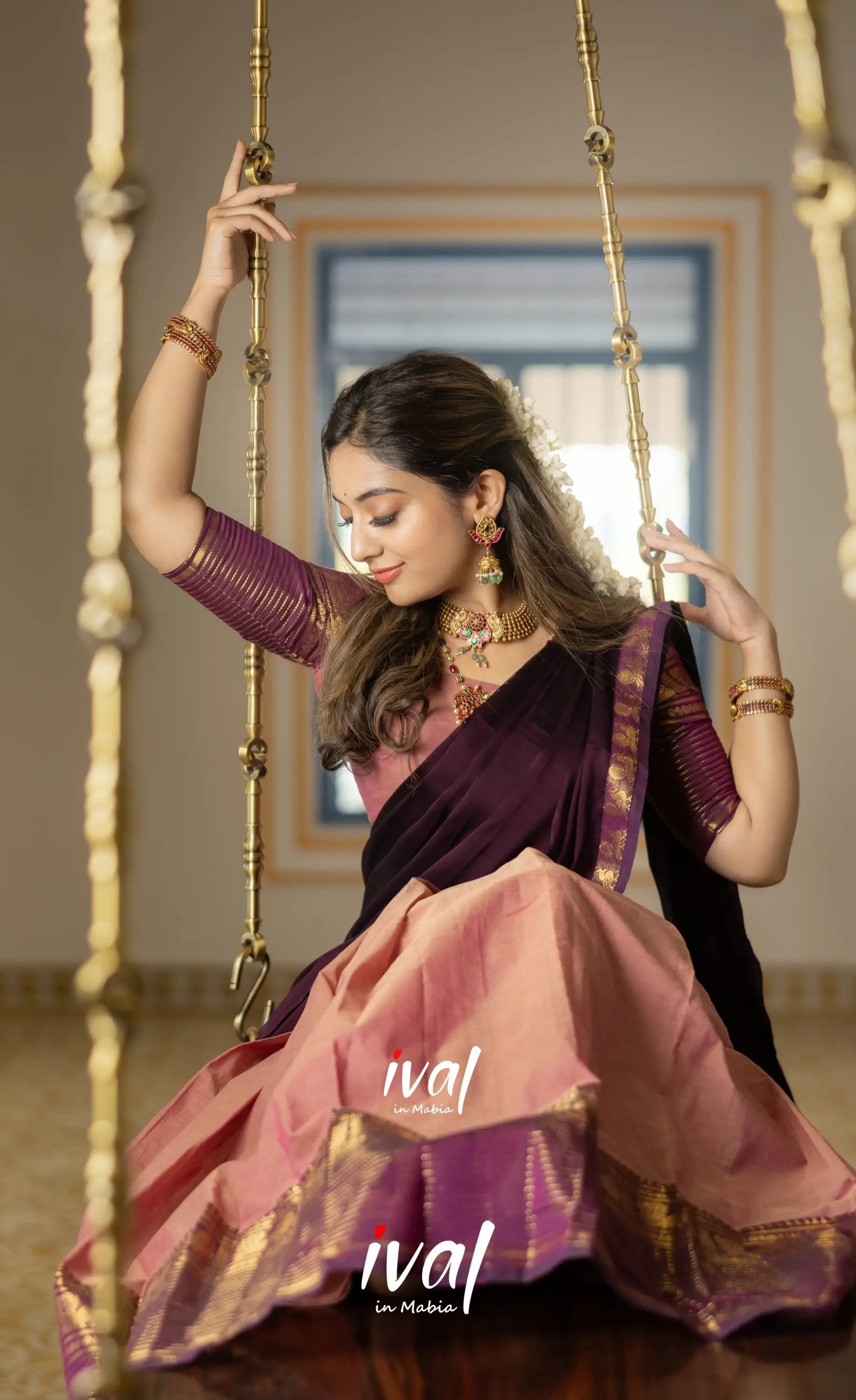 Padmaja Cotton Half Saree - Peachish Pink and Dark Plum Half Sarees