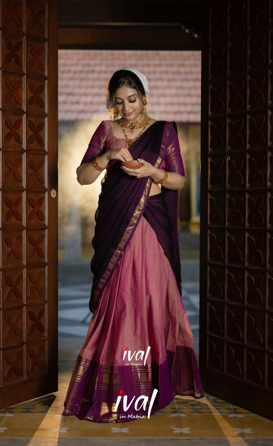 Padmaja Cotton Half Saree - Peachish Pink and Dark Plum Half Sarees