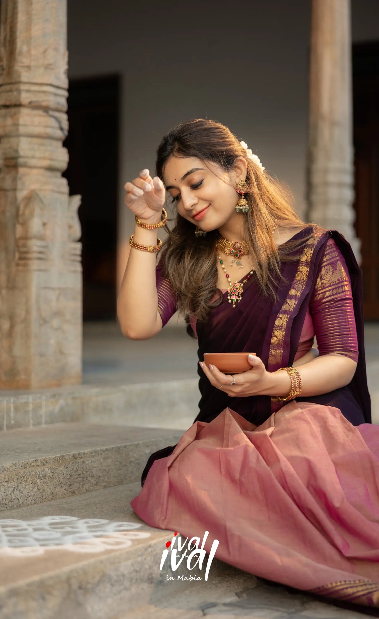 Padmaja Cotton Half Saree - Peachish Pink and Dark Plum Half Sarees