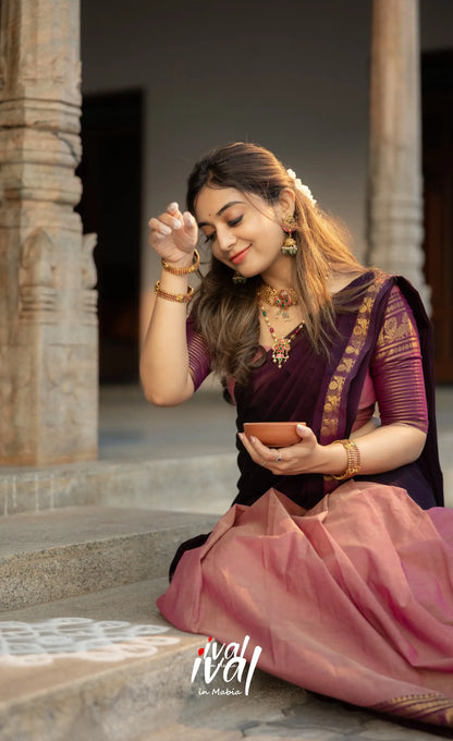 Padmaja Cotton Half Saree - Peachish Pink and Dark Plum Half Sarees