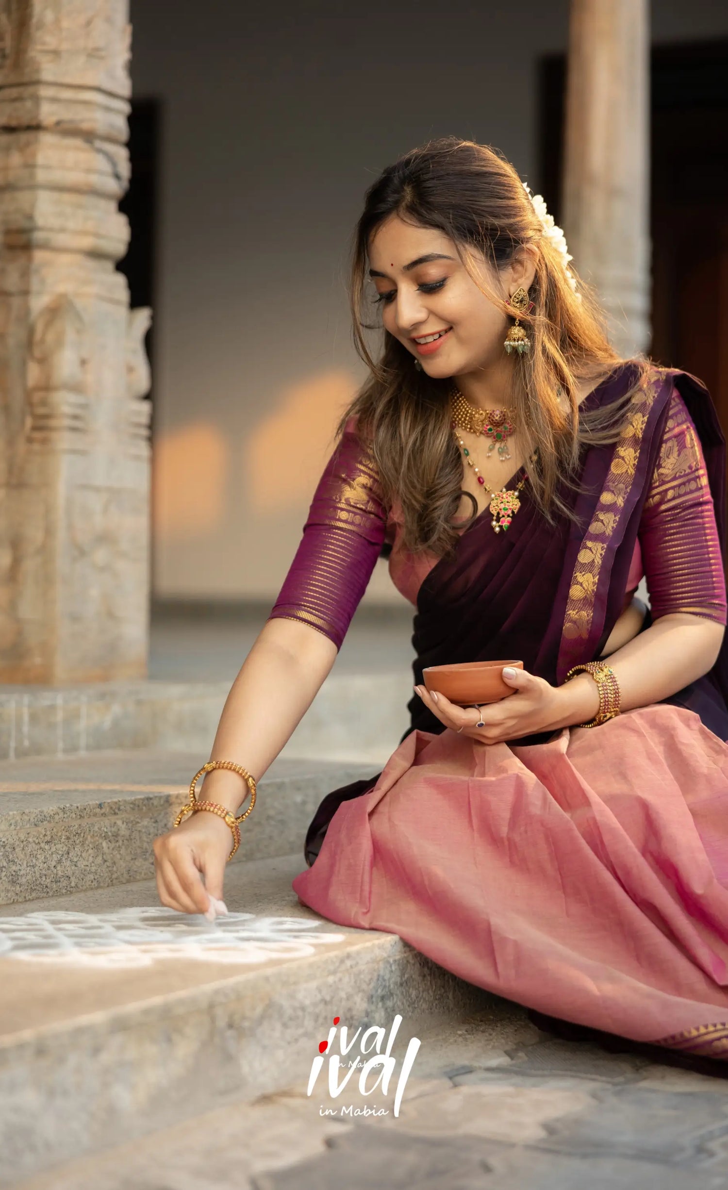 Padmaja Cotton Half Saree - Peachish Pink and Dark Plum Half Sarees