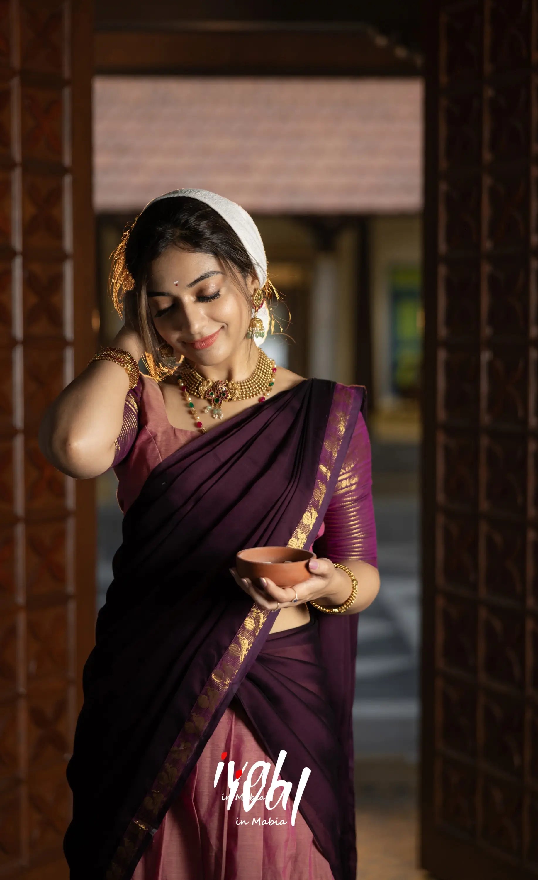 Padmaja Cotton Half Saree - Peachish Pink and Dark Plum Half Sarees