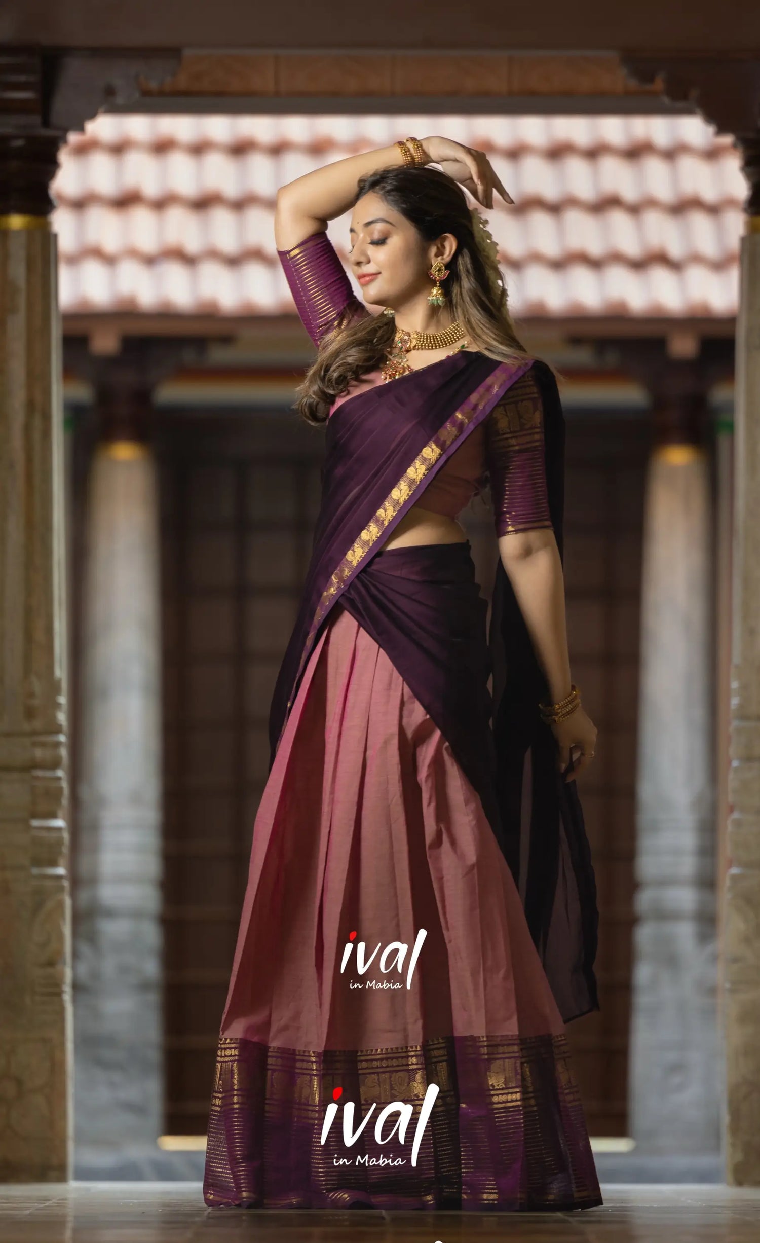 Padmaja Cotton Half Saree - Peachish Pink and Dark Plum Half Sarees