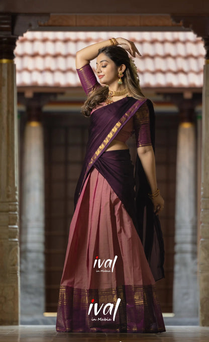 Padmaja Cotton Half Saree - Peachish Pink and Dark Plum Half Sarees