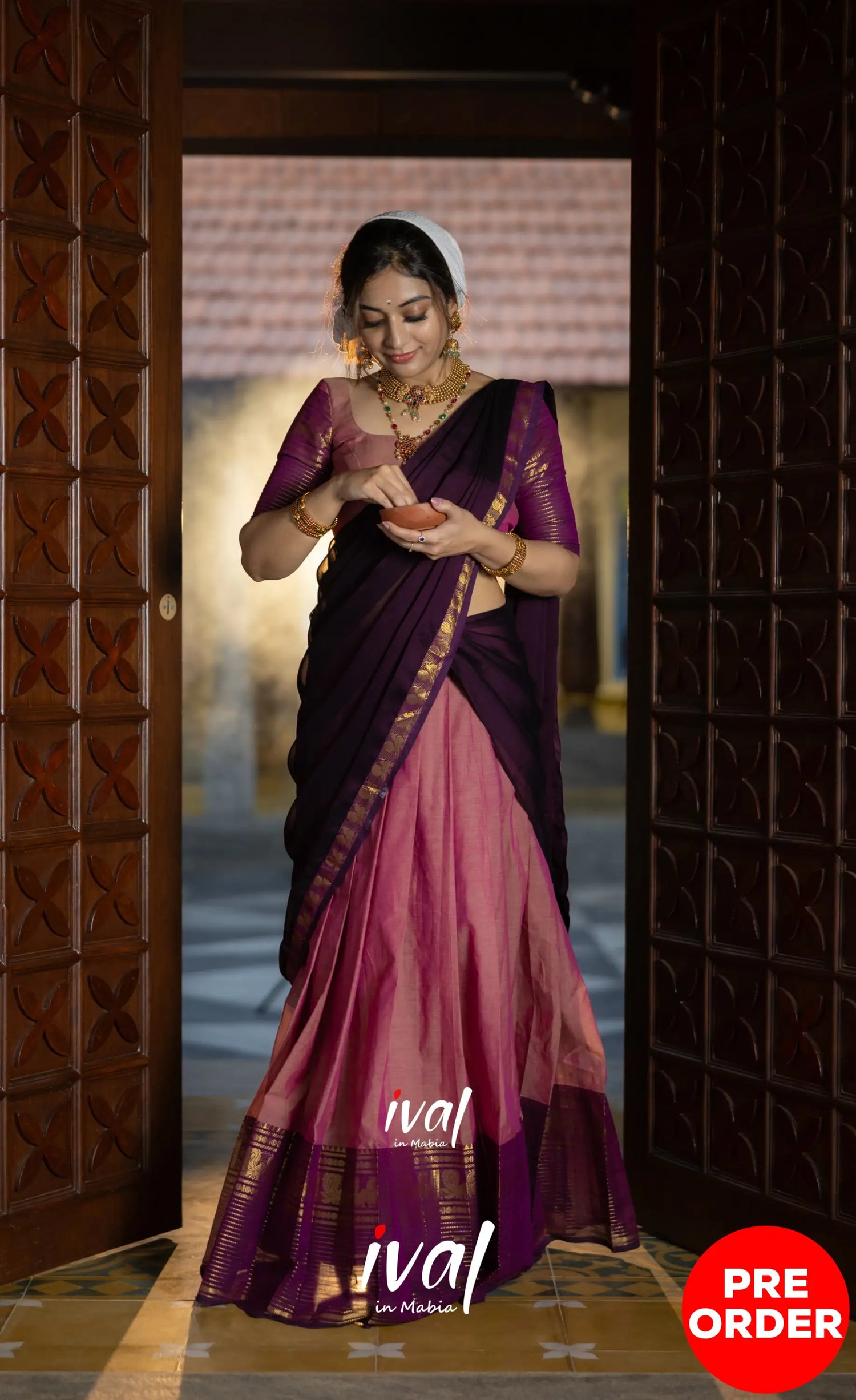 Padmaja Cotton Half Saree - Peachish Pink and Dark Plum Half Sarees