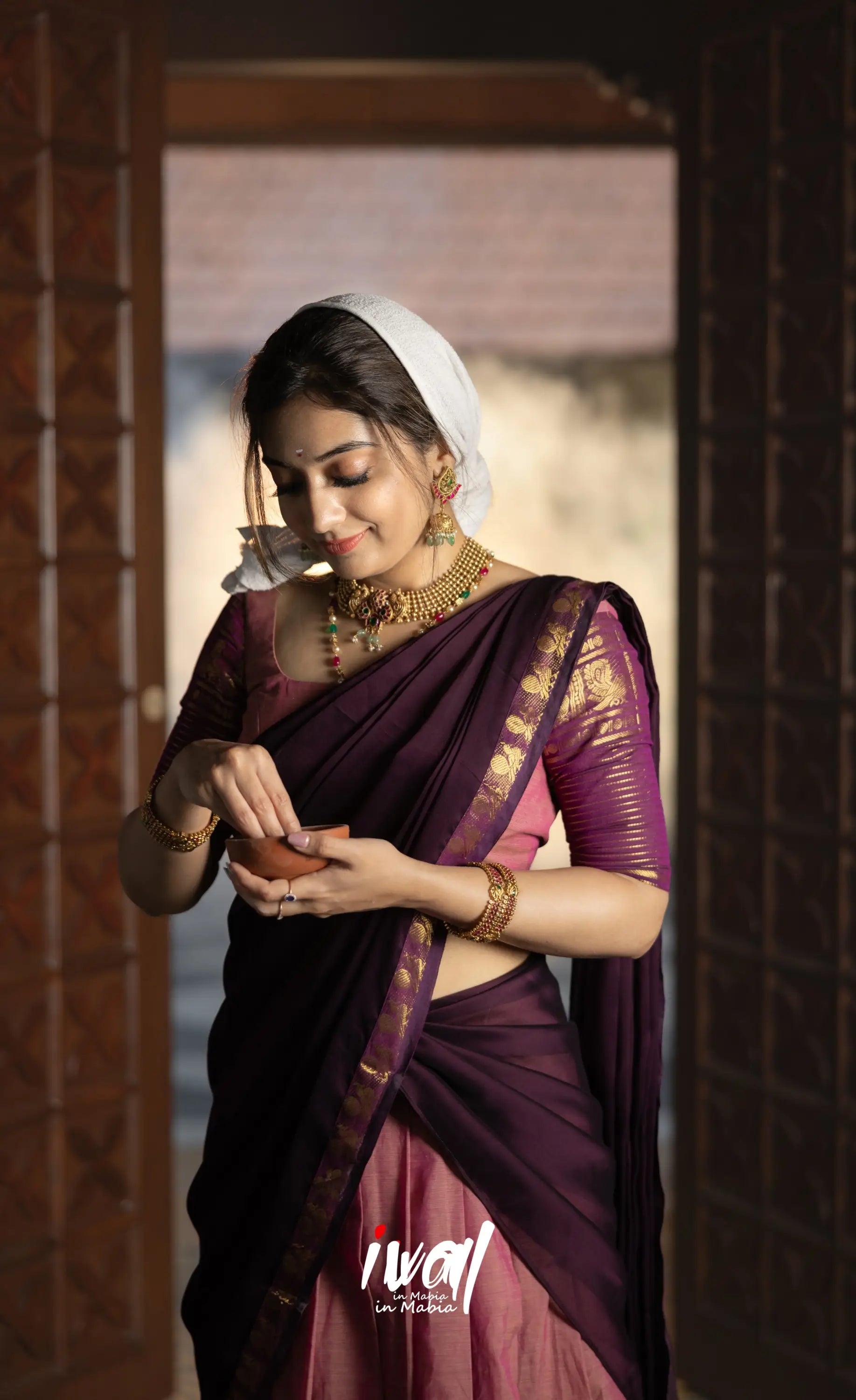 Padmaja Cotton Half Saree - Peachish Pink and Dark Plum Half Sarees
