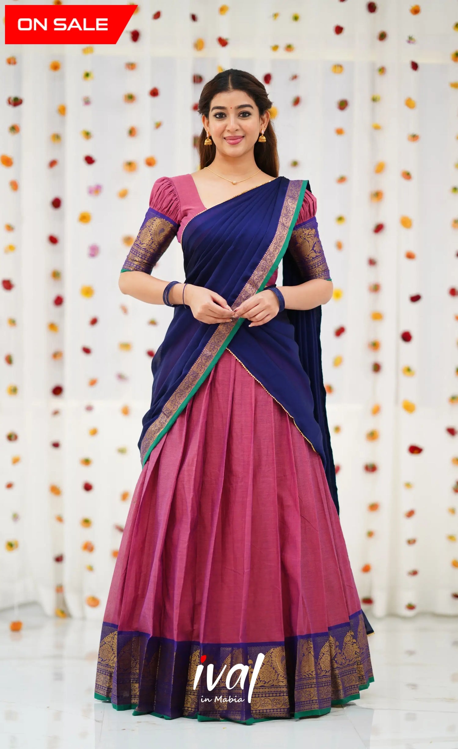 Padmaja Cotton Half Saree - Mauve Pink and Royal Blue Half Sarees