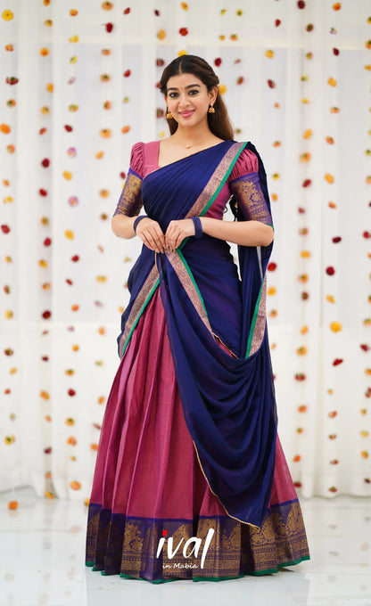 Padmaja Cotton Half Saree - Mauve Pink and Royal Blue Half Sarees