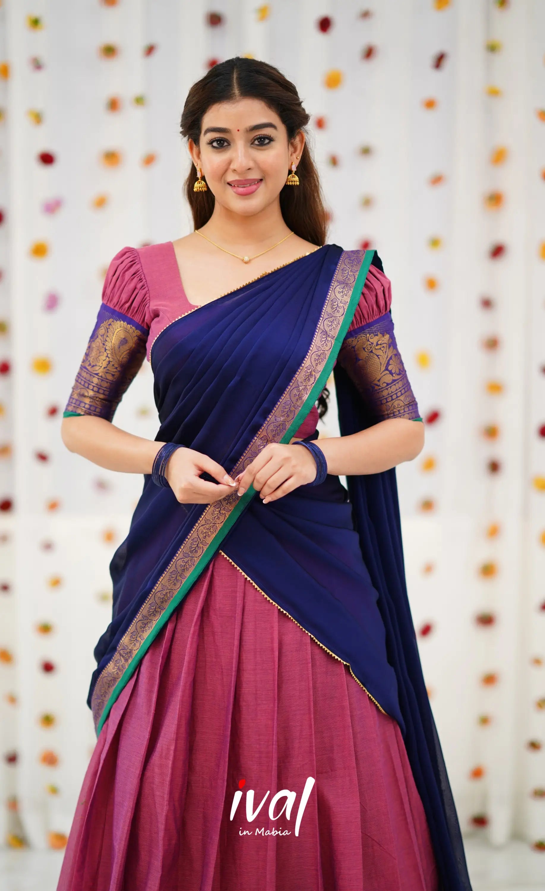 Padmaja Cotton Half Saree - Mauve Pink and Royal Blue Half Sarees