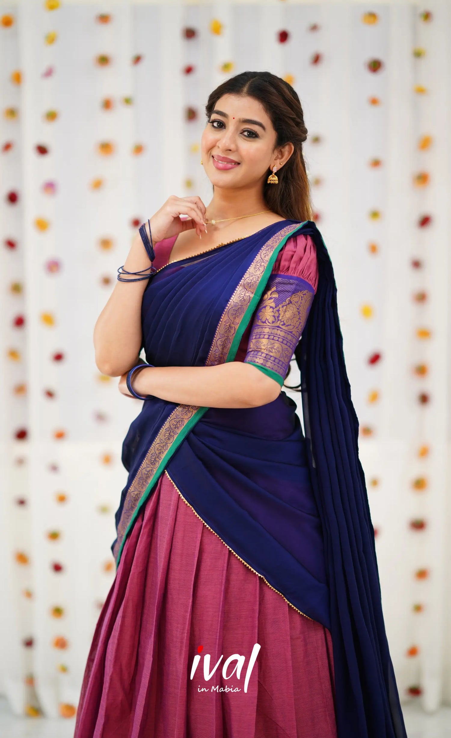 Padmaja Cotton Half Saree - Mauve Pink and Royal Blue Half Sarees
