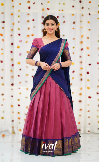 Padmaja Cotton Half Saree - Mauve Pink and Royal Blue Half Sarees