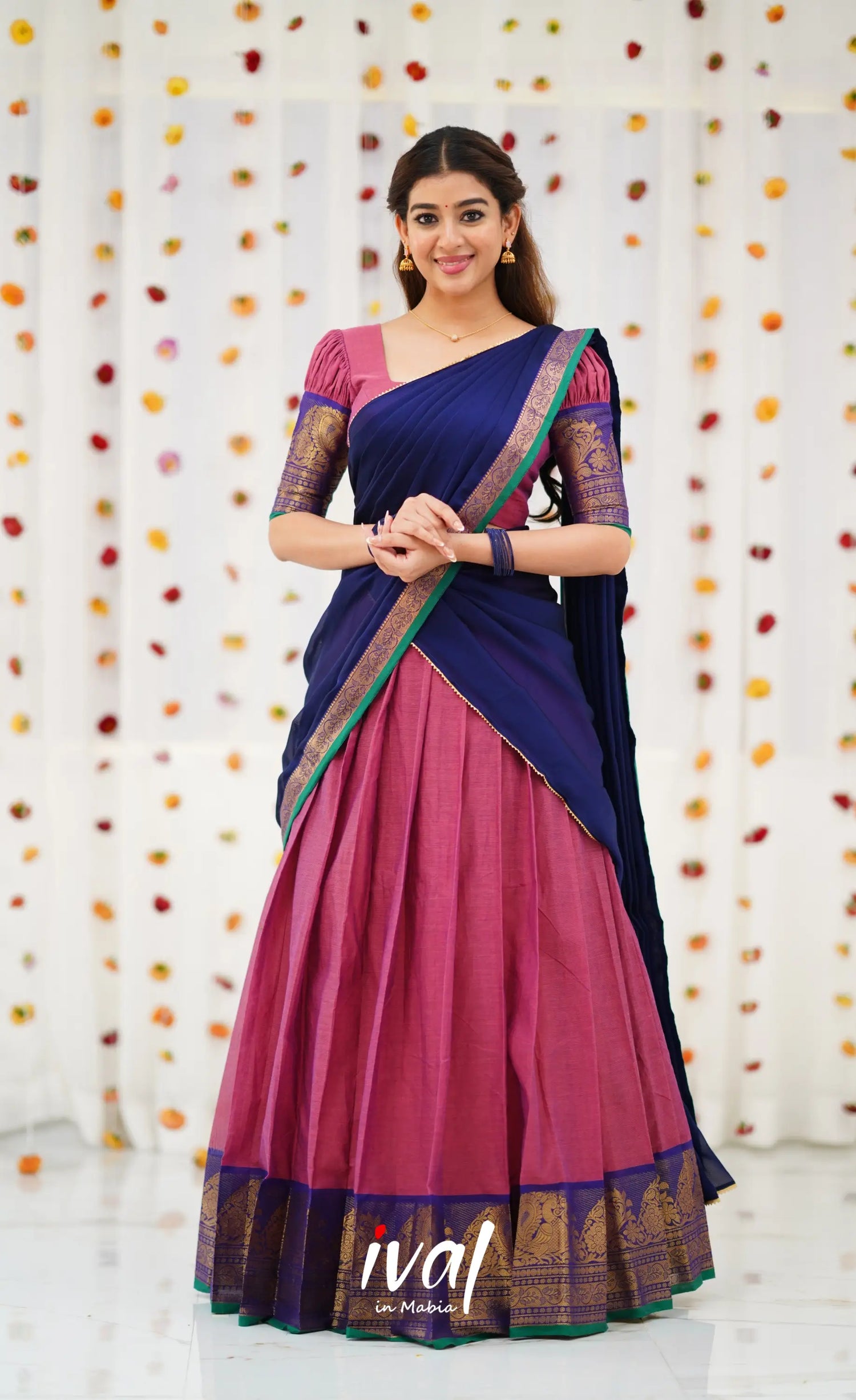 Padmaja Cotton Half Saree - Mauve Pink and Royal Blue Half Sarees