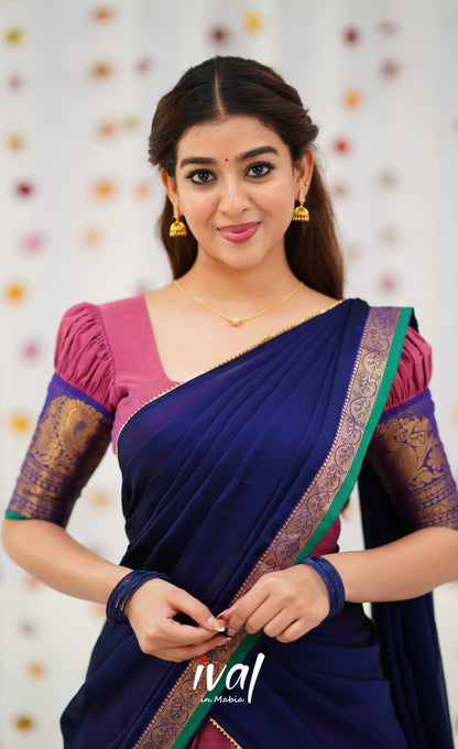 Padmaja Cotton Half Saree - Mauve Pink and Royal Blue Half Sarees