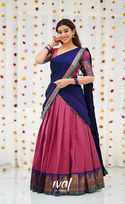 Padmaja Cotton Half Saree - Mauve Pink and Royal Blue Half Sarees