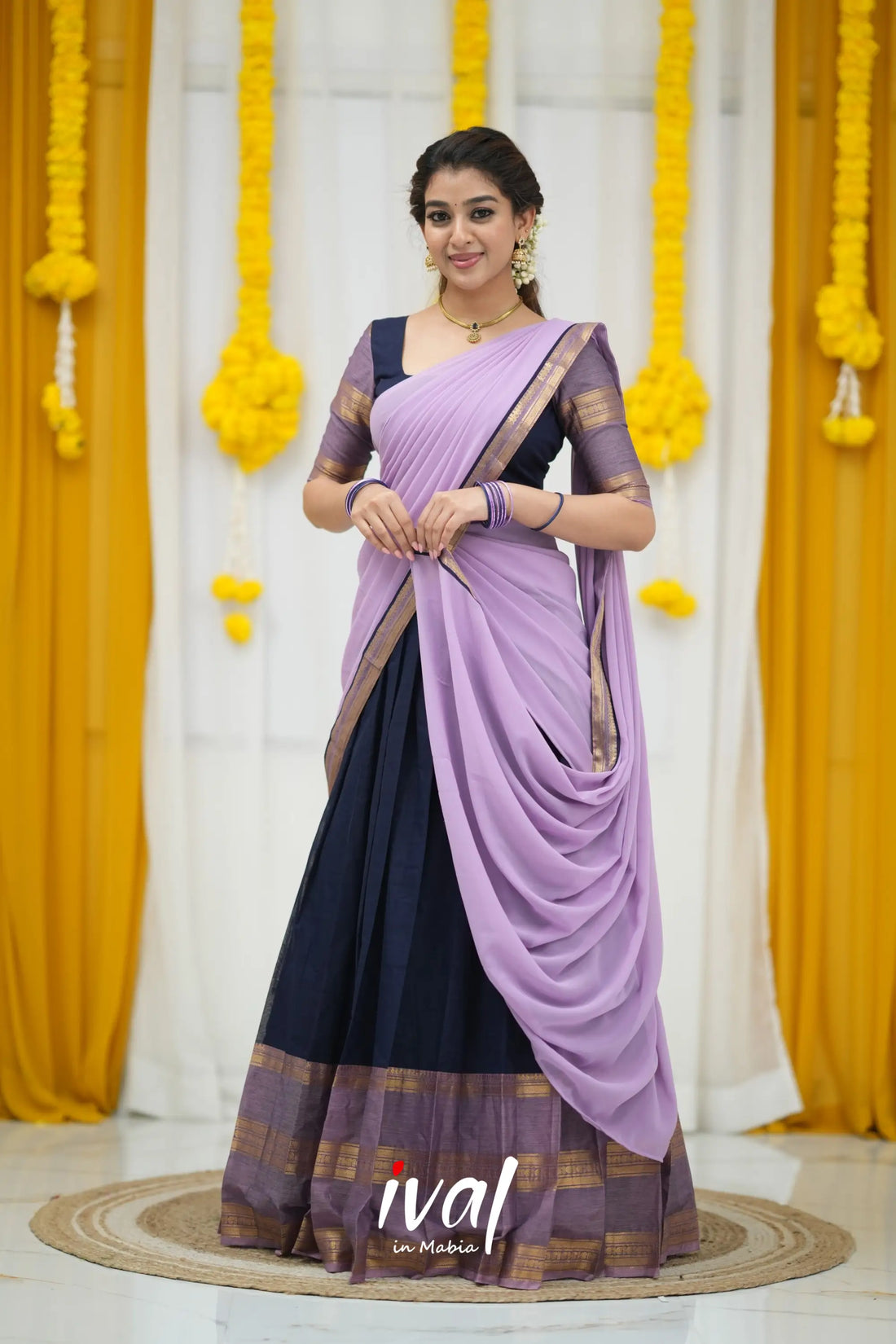 Padmaja Cotton Half Saree - Navy Blue and Lavender Half Sarees