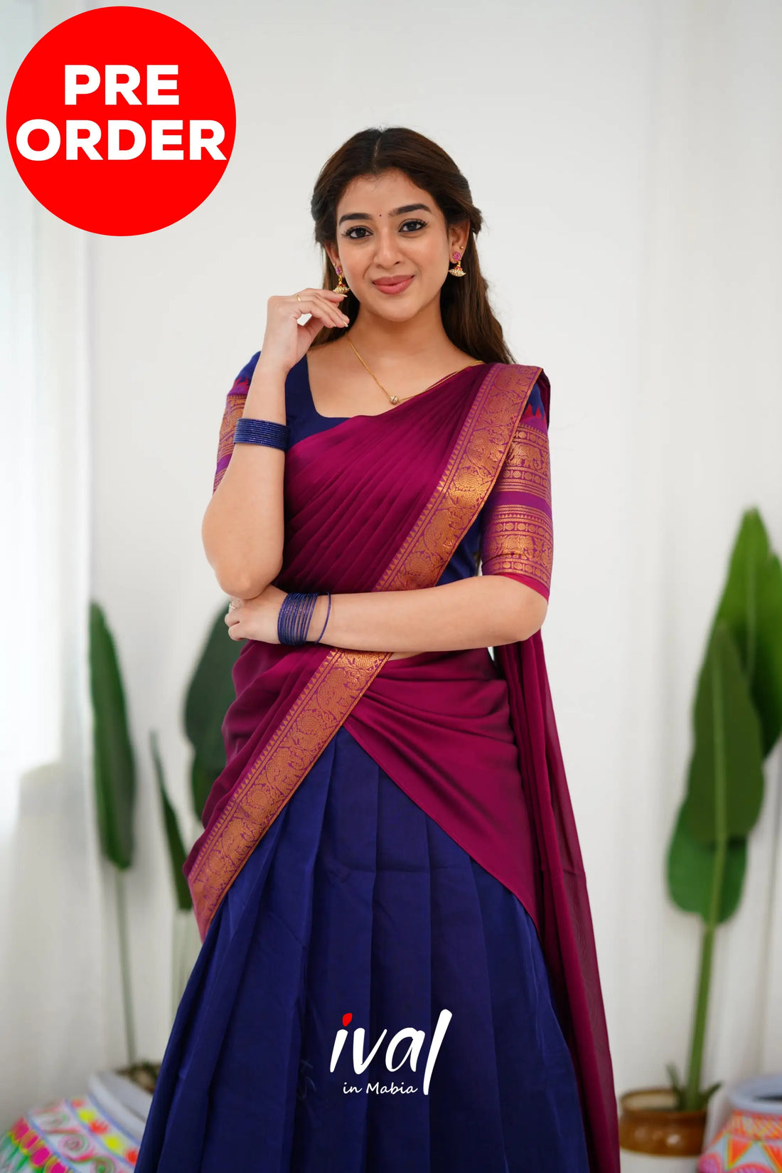 Padmaja Cotton Half Saree - Navy Blue And Magenta Sarees