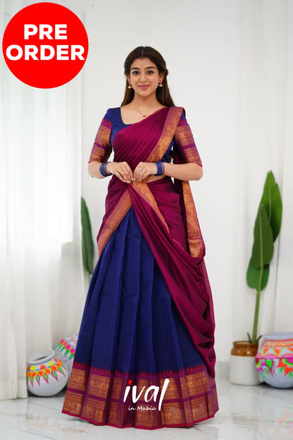 Padmaja Cotton Half Saree - Navy Blue And Magenta Sarees