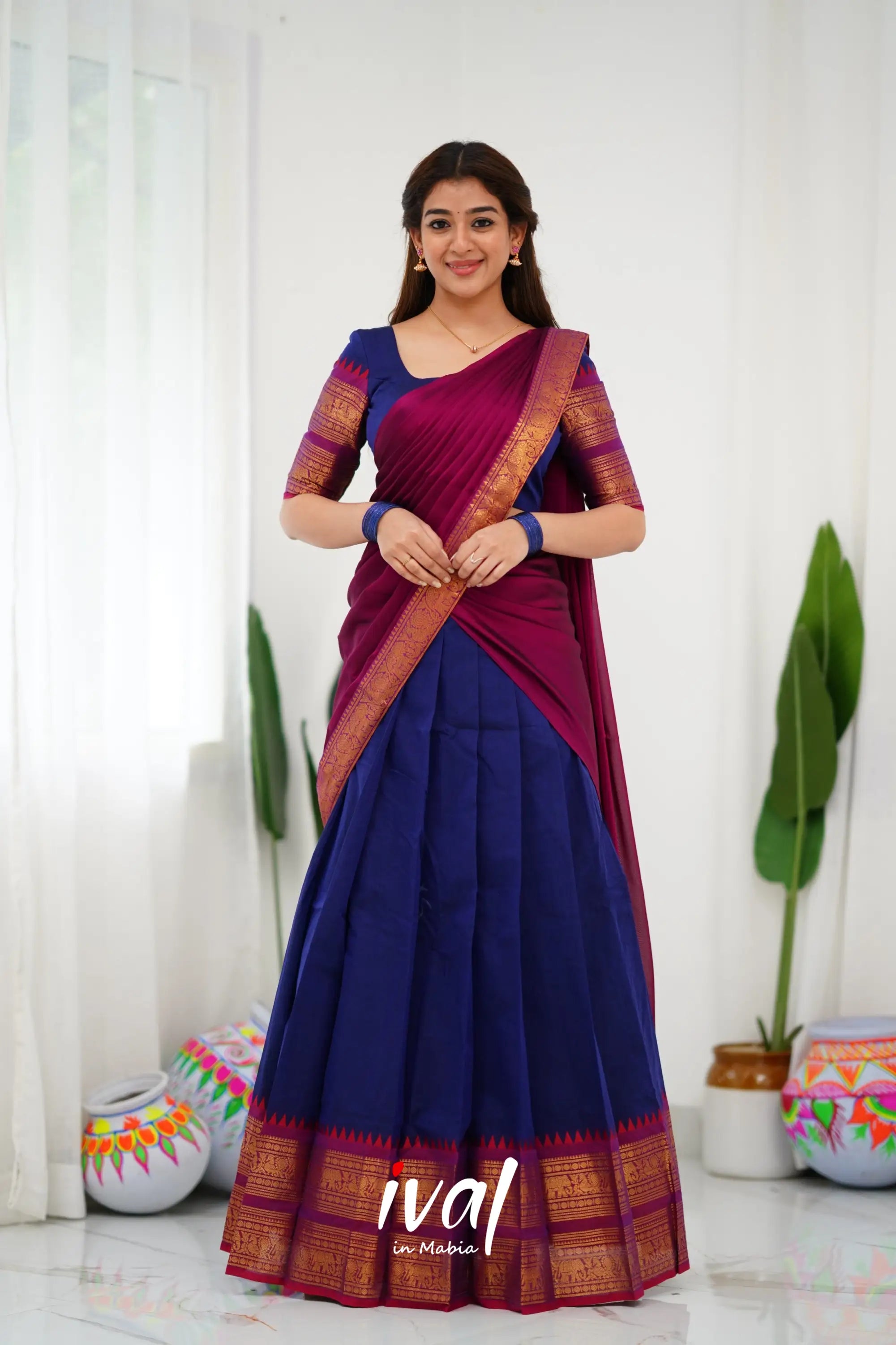 Padmaja Cotton Half Saree - Navy Blue And Magenta Sarees