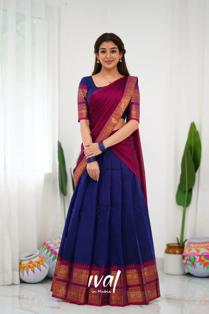 Padmaja Cotton Half Saree - Navy Blue And Magenta Sarees