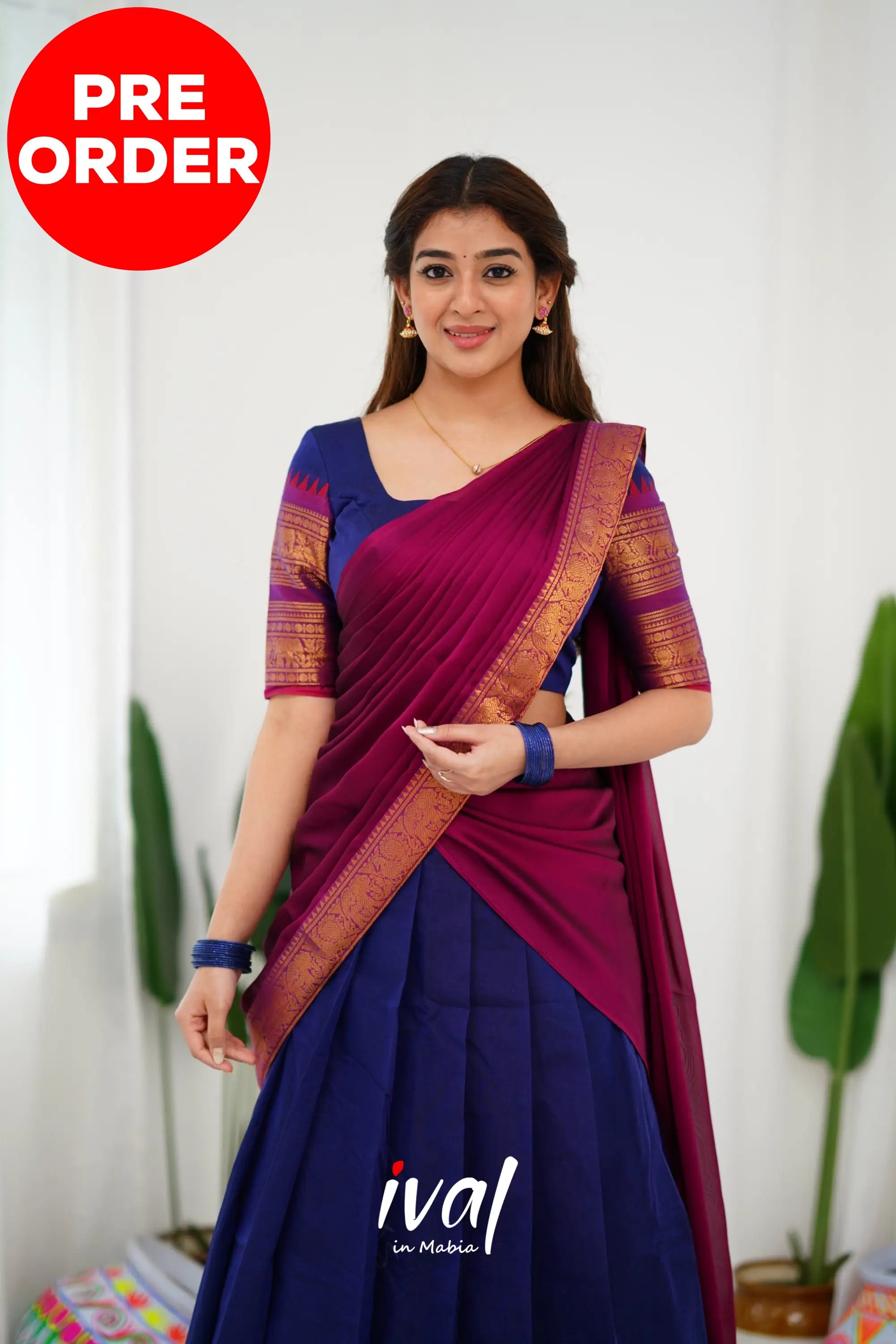 Padmaja Cotton Half Saree - Navy Blue And Magenta Sarees