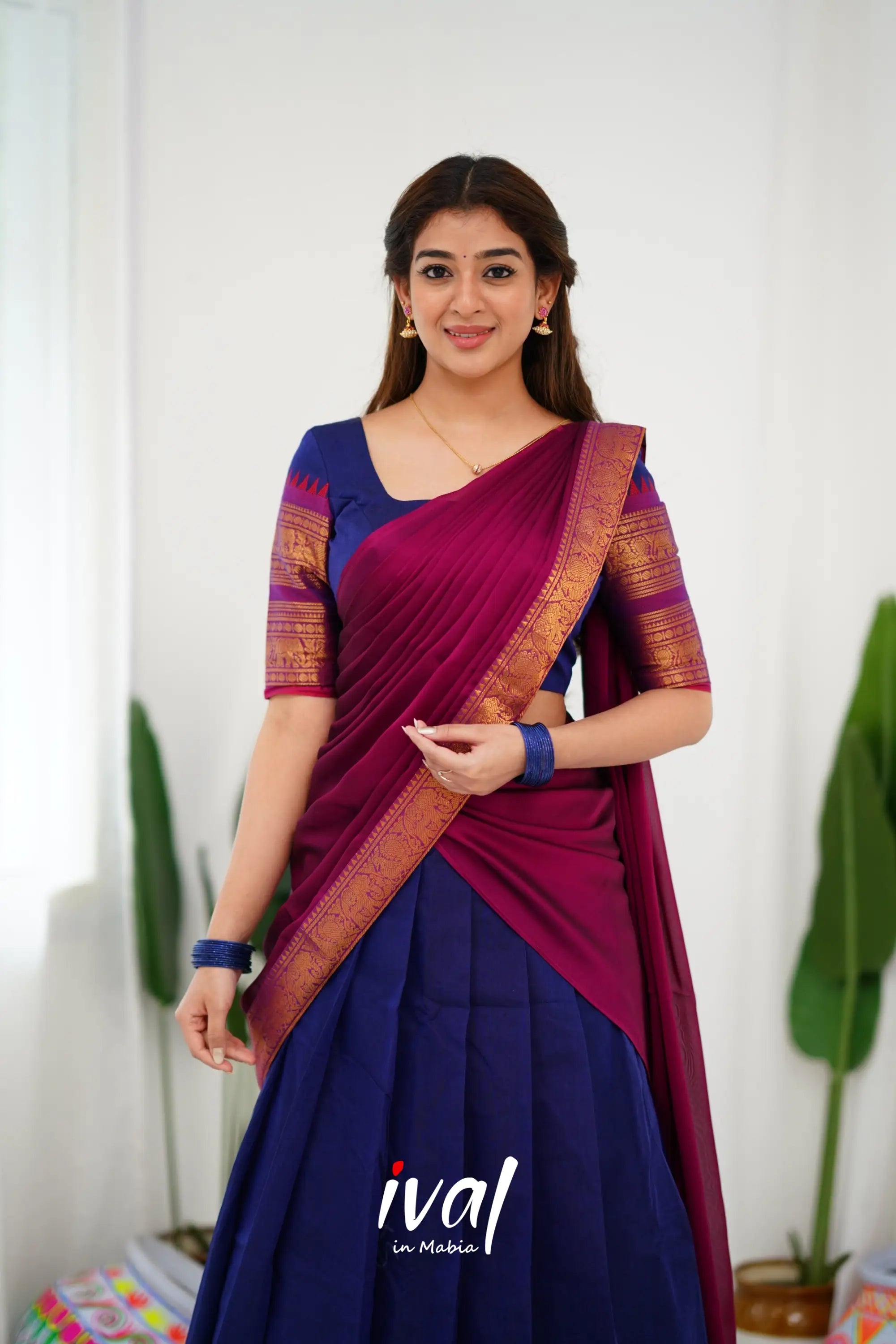 Padmaja Cotton Half Saree - Navy Blue And Magenta Sarees