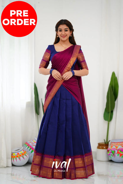 Padmaja Cotton Half Saree - Navy Blue And Magenta Sarees