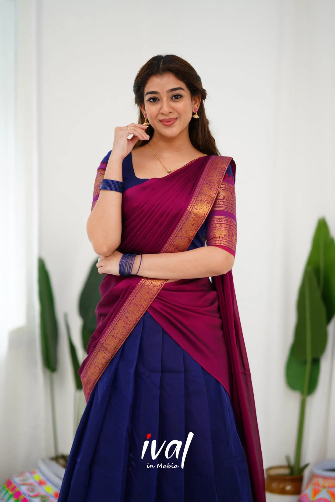 Padmaja Cotton Half Saree - Navy Blue And Magenta Sarees