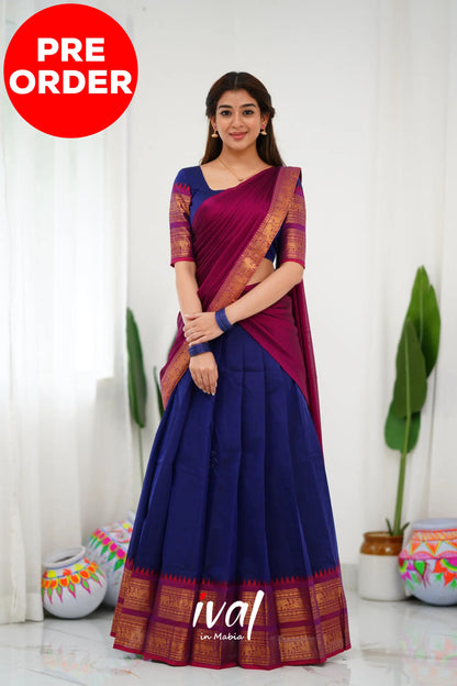 Padmaja Cotton Half Saree - Navy Blue And Magenta Sarees